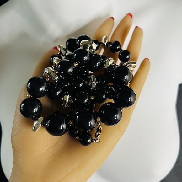Vintage Black Silver Tone Lucite Statement Beaded Graduated Beads Necklace - Picture 3 of 7